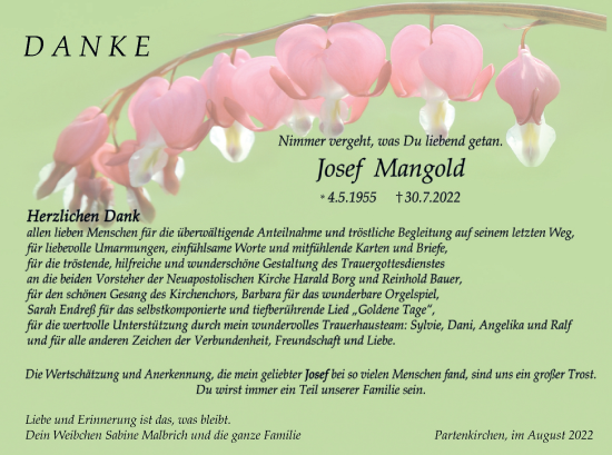 Todesanzeige von Josef Mangold von merkurtz