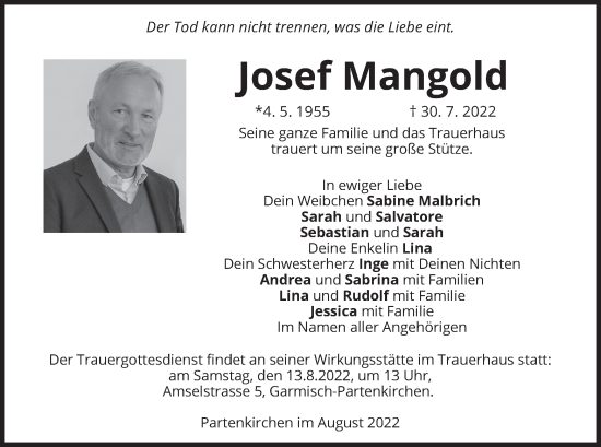Todesanzeige von Josef Mangold von merkurtz