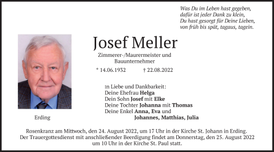 Todesanzeige von Josef Meller von merkurtz