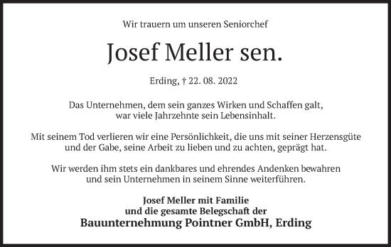 Todesanzeige von Josef Meller von merkurtz