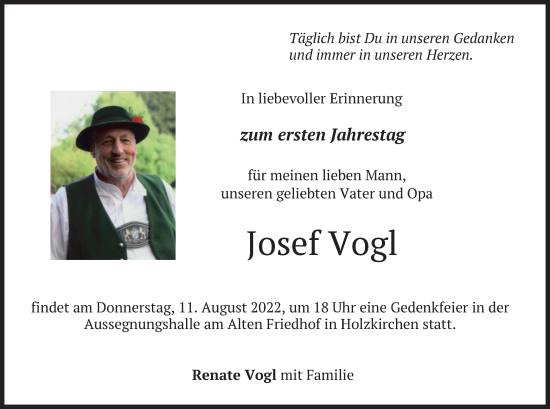 Todesanzeige von Josef Vogl von merkurtz