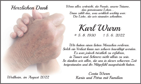 Todesanzeige von Karl Wurm von merkurtz