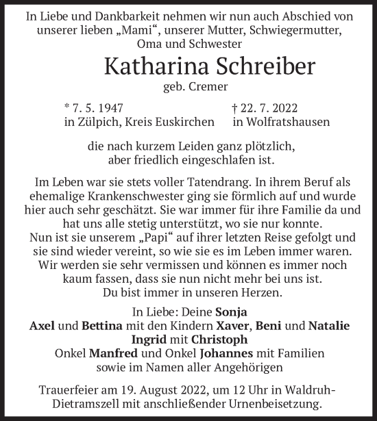 Todesanzeige von Katharina Schreiber von merkurtz