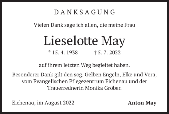 Todesanzeige von Lieselotte May von merkurtz