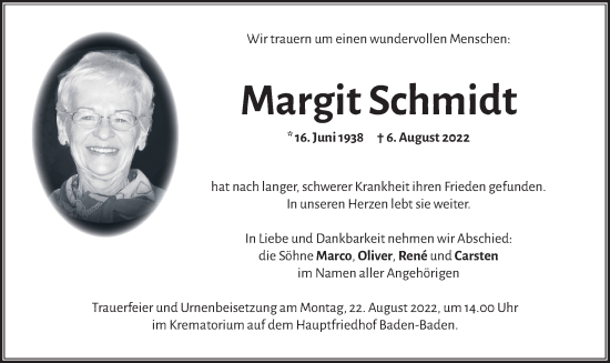 Todesanzeige von Margit Schmidt von merkurtz