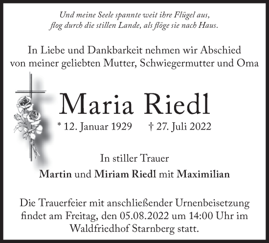 Todesanzeige von Maria Riedl von merkurtz