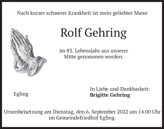 Todesanzeige von Rolf Gehring von merkurtz