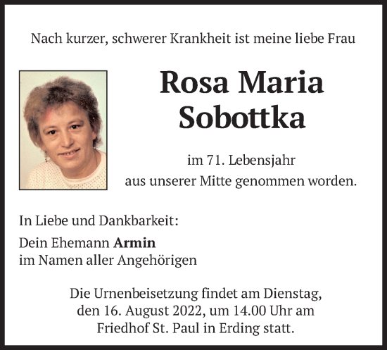 Todesanzeige von Rosa Maria Sobottka von merkurtz