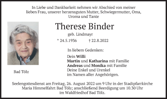 Todesanzeige von Therese Binder von merkurtz