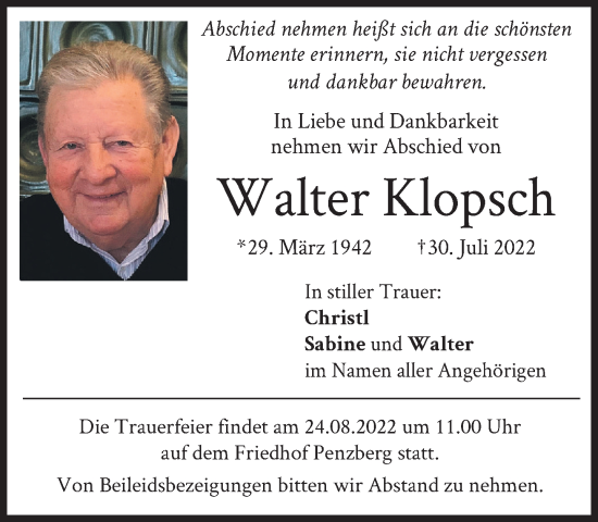 Todesanzeige von Walter Klopsch von Das Gelbe Blatt Penzberg