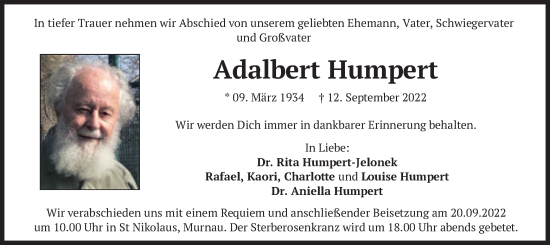 Todesanzeige von Adalbert Humpert von merkurtz