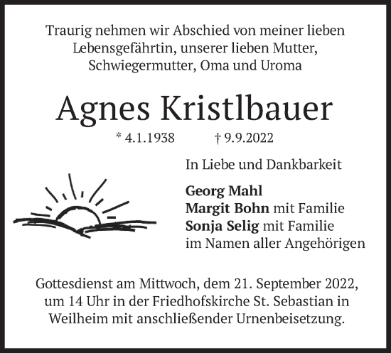 Todesanzeige von Agnes Kristlbauer von merkurtz