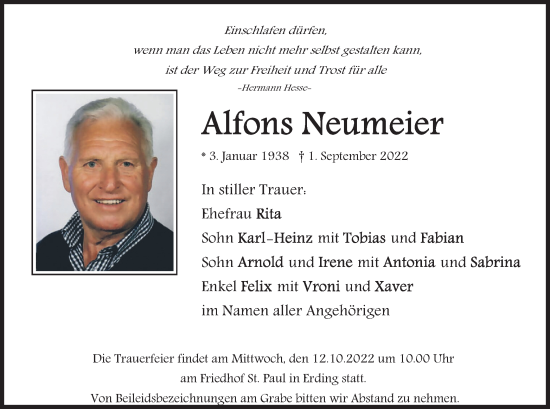 Todesanzeige von Alfons Neumeier von merkurtz
