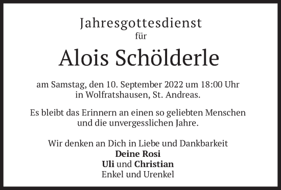 Todesanzeige von Alois Schölderle von merkurtz