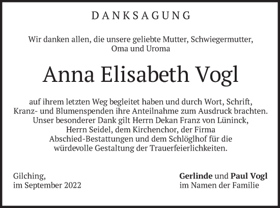Todesanzeige von Anna Elisabeth Vogl von merkurtz