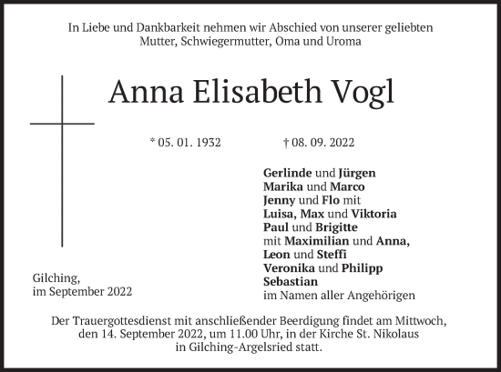 Todesanzeige von Anna Elisabeth Vogl von merkurtz