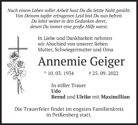 Todesanzeige von Annemie Geiger von merkurtz