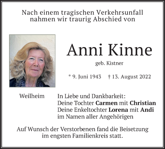 Todesanzeige von Anni Kinne von merkurtz