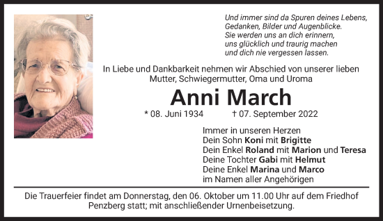 Todesanzeige von Anni March von Das Gelbe Blatt Penzberg