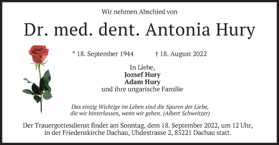 Todesanzeige von Antonia Hury von merkurtz