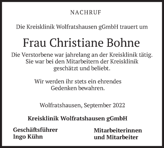 Todesanzeige von Christiane Bohne von merkurtz