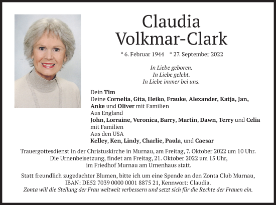 Todesanzeige von Claudia Volkmar-Clark von merkurtz