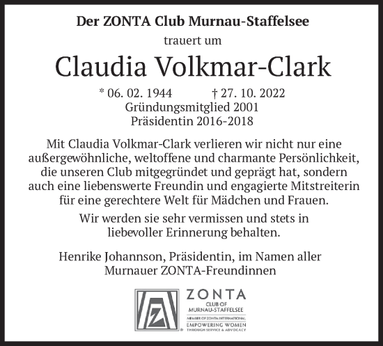 Todesanzeige von Claudia Volkmar-Clark von merkurtz