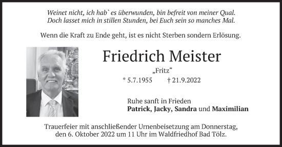 Todesanzeige von Friedrich Meister von merkurtz