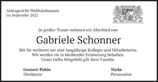 Todesanzeige von Gabriele Schonner von merkurtz