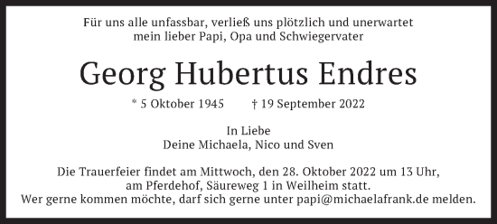 Todesanzeige von Georg Hubertus Endres von merkurtz