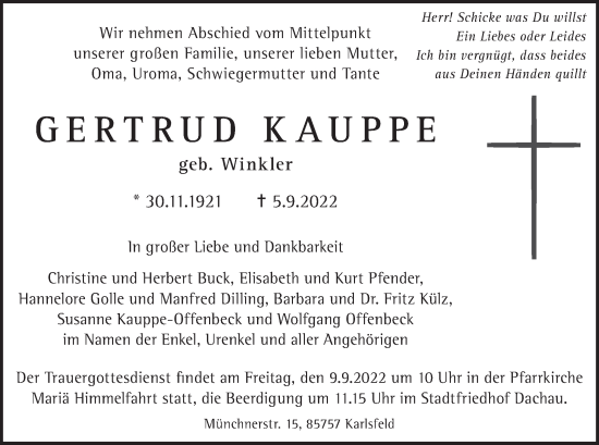 Todesanzeige von Gertrud Kauppe von merkurtz