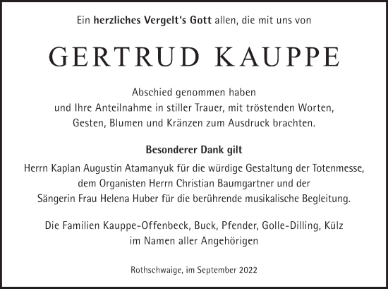 Todesanzeige von Gertrud Kauppe von merkurtz