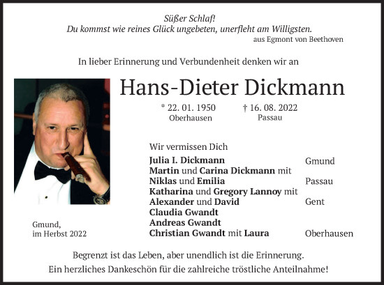 Todesanzeige von Hans-Dieter Dickmann von merkurtz