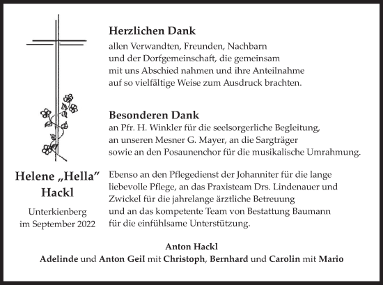 Todesanzeige von Helene Hackl von merkurtz