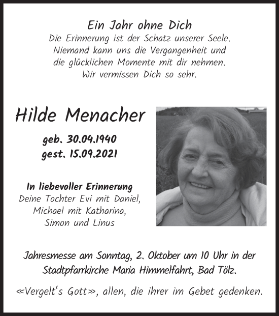 Todesanzeige von Hilde Menacher von merkurtz