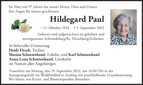 Todesanzeige von Hildegard Paul von merkurtz