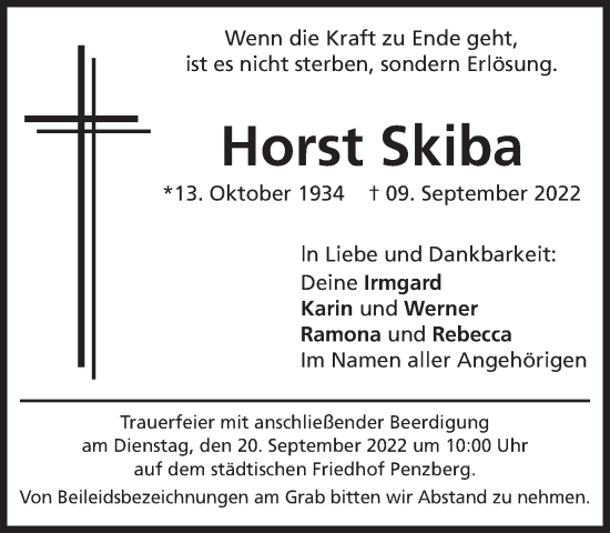 Todesanzeige von Horst Skiba von Das Gelbe Blatt Penzberg