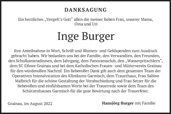 Todesanzeige von Inge Burger von merkurtz
