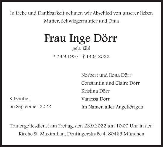 Todesanzeige von Inge Dörr von merkurtz
