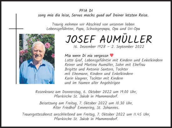 Todesanzeige von Josef Aumüller von merkurtz