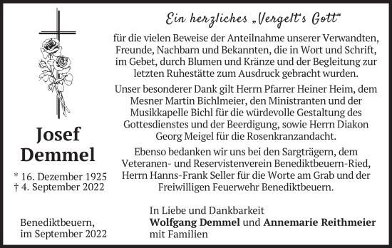 Todesanzeige von Josef Demmel von merkurtz