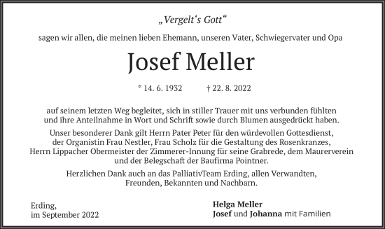 Todesanzeige von Josef Meller von merkurtz