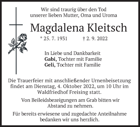 Todesanzeige von Magdalena Kleitsch von merkurtz