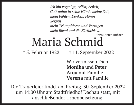 Todesanzeige von Maria Schmid von merkurtz