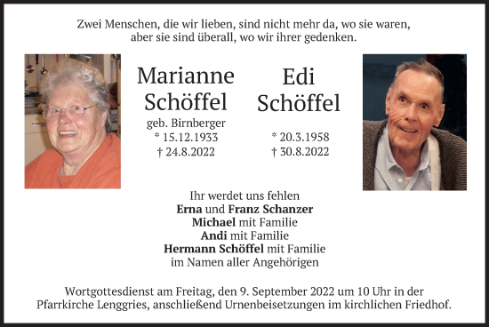 Todesanzeige von Marianne und Edi Schöffel von merkurtz