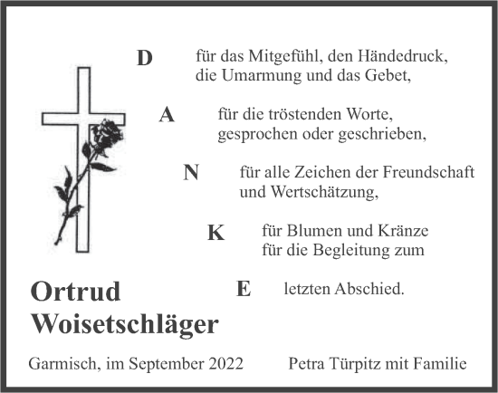 Todesanzeige von Ortrud Woisetschläger von merkurtz