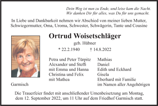 Todesanzeige von Ortrud Woisetschläger von merkurtz
