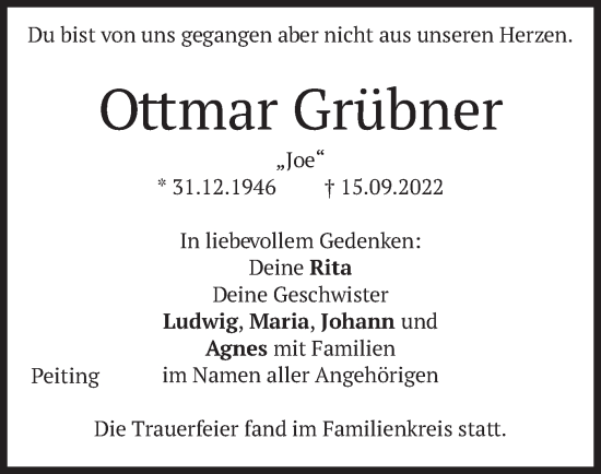 Todesanzeige von Ottmar Grübner von merkurtz