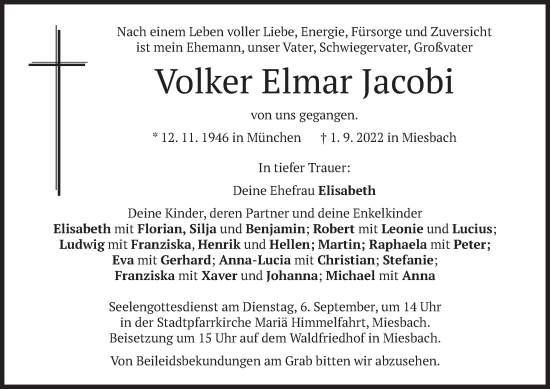 Todesanzeige von Volker Elmar Jacobi von merkurtz