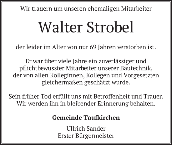 Todesanzeige von Walter Strobel von merkurtz